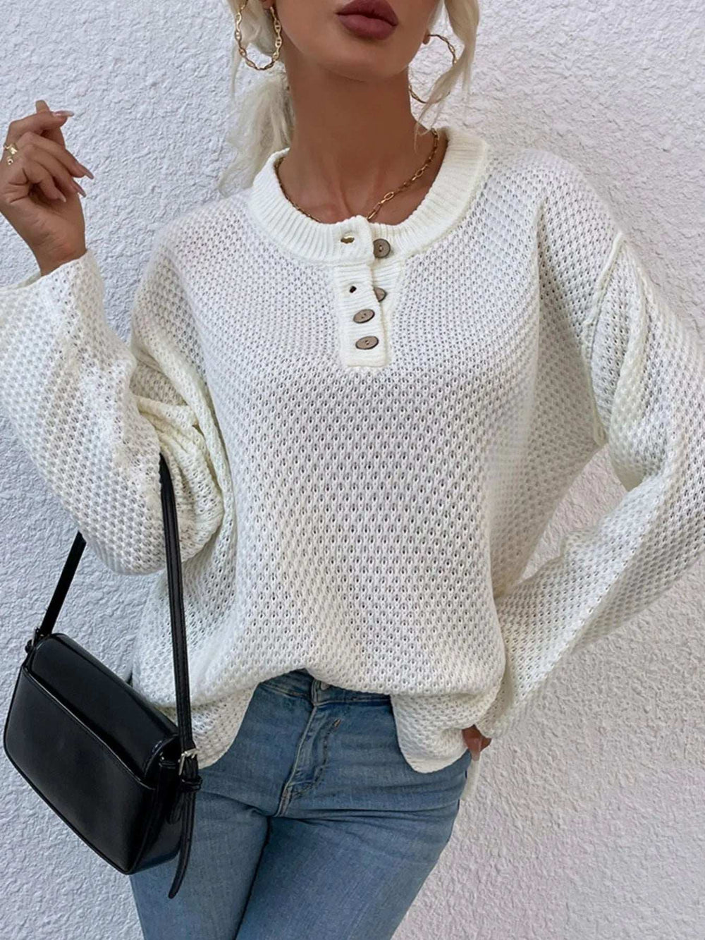 Button Detail Long Sleeve Knit Top - Trendsi - Flyclothing LLC