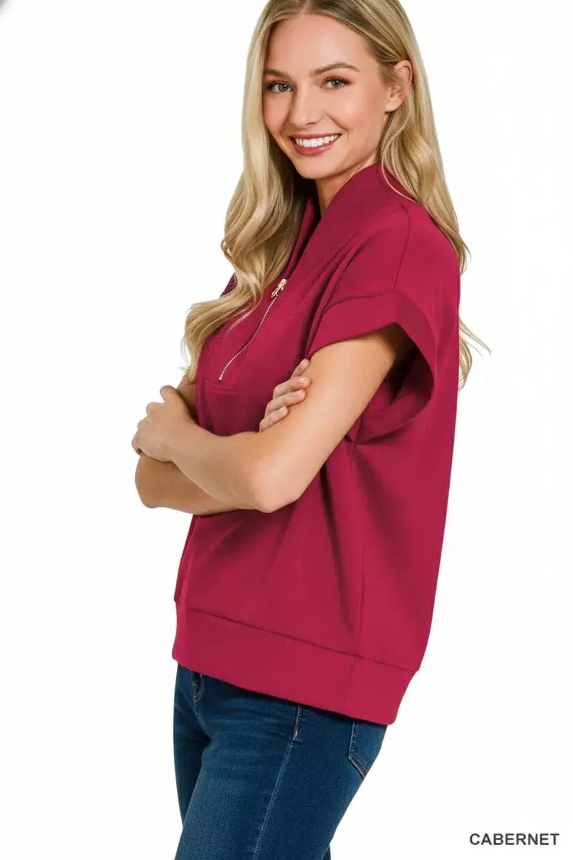 Zenana Scuba High Neck Half Zip Top - Trendsi - Flyclothing LLC