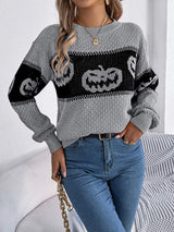 Pumpkin Round Neck Long Sleeve Sweater - Trendsi - Flyclothing LLC