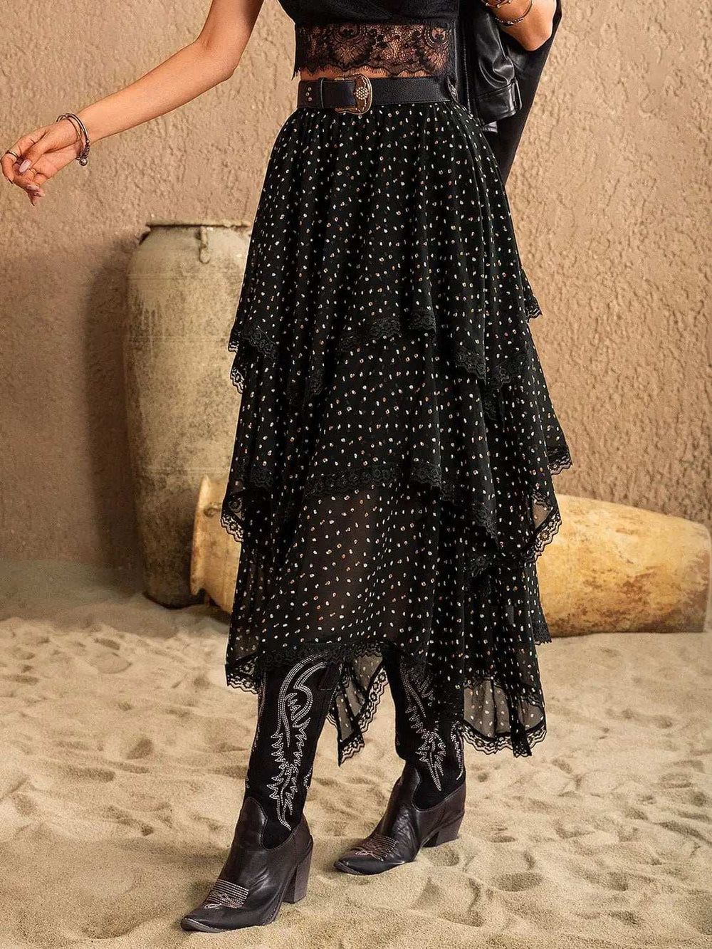 Lace Detail Layered Midi Skirt - Trendsi - Flyclothing LLC