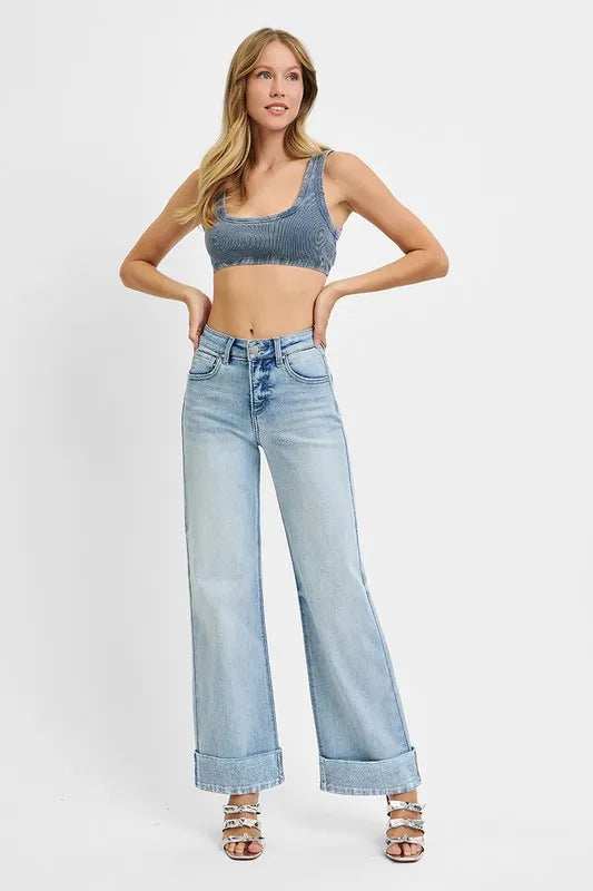 RISEN Full Size Tummy Control High Rise Ankle Wide Cuffed Jeans Plus Size - Trendsi - Flyclothing LLC