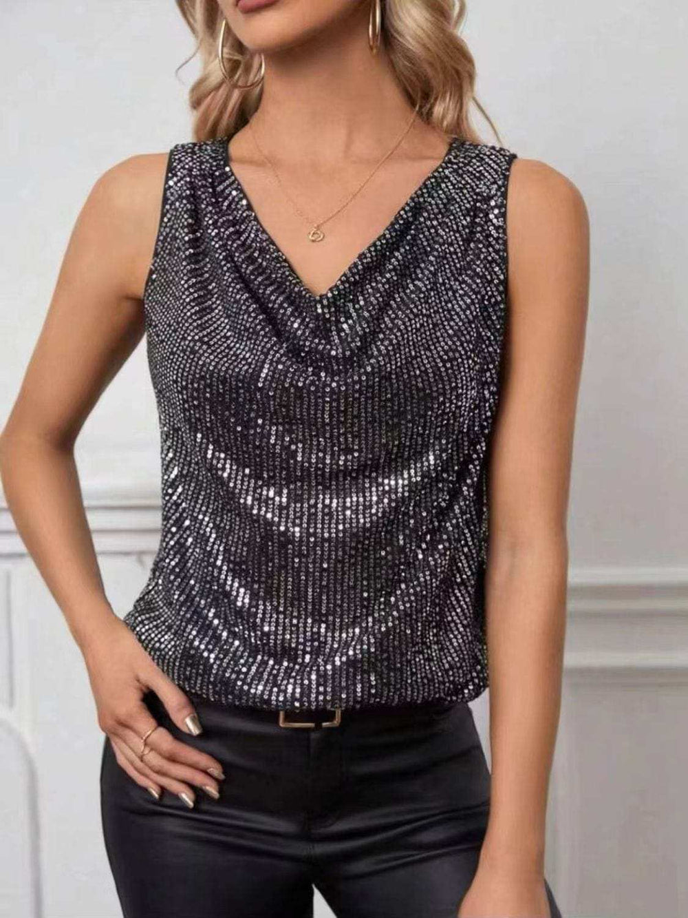 Sequin Cowl Neck Tank - Trendsi - Flyclothing LLC