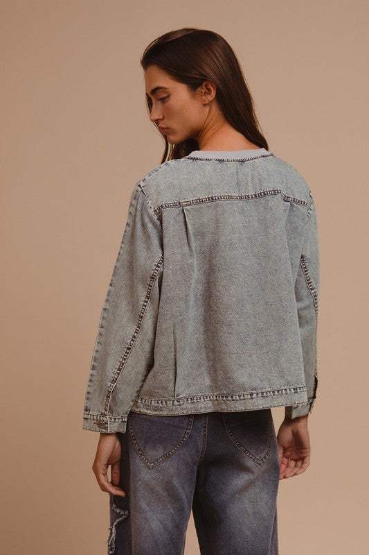 BiBi Mineral Washed Checkered Round Neck Denim Top - Trendsi - Flyclothing LLC