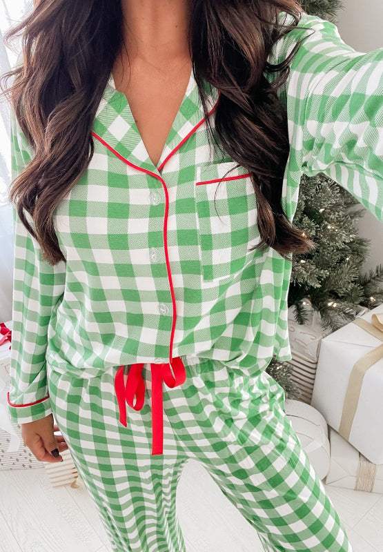 Plaid Collared Neck Long Sleeve Top and Pants Set - Trendsi - Flyclothing LLC