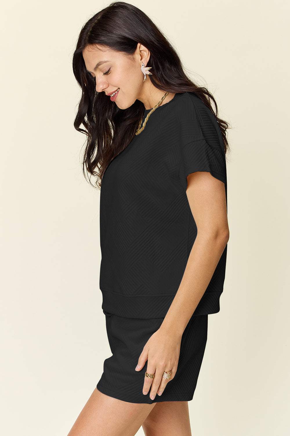 Double Take Full Size Texture Short Sleeve T-Shirt and Drawstring Shorts Set - Trendsi - Flyclothing LLC