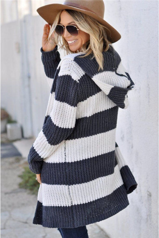 Contrast Stripes Open Front Long Sleeve Cardigan - Trendsi