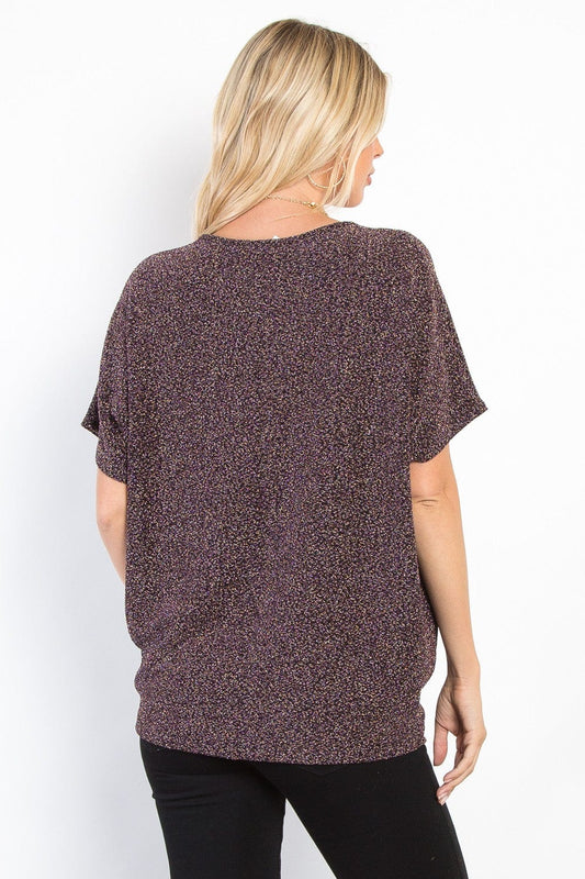 Be Stage Full Size Lurex Center Elastic Cinched Knit Top - Trendsi