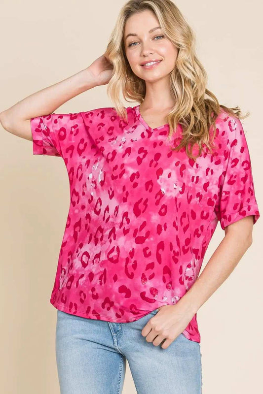BOMBOM Leopard V-Neck Short Sleeve T-Shirt - Trendsi - Flyclothing LLC