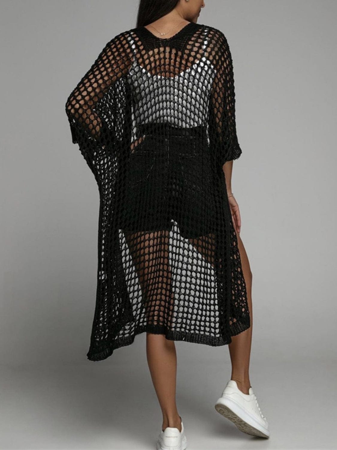 Openwork Open Front Three-Quarter Sleeve Cover Up - Trendsi