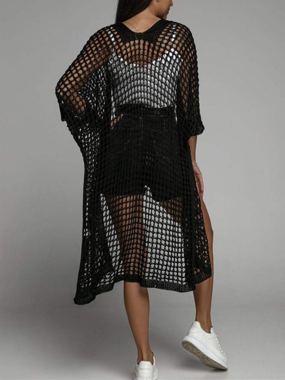 Openwork Open Front Three-Quarter Sleeve Cover Up - Trendsi - Flyclothing LLC