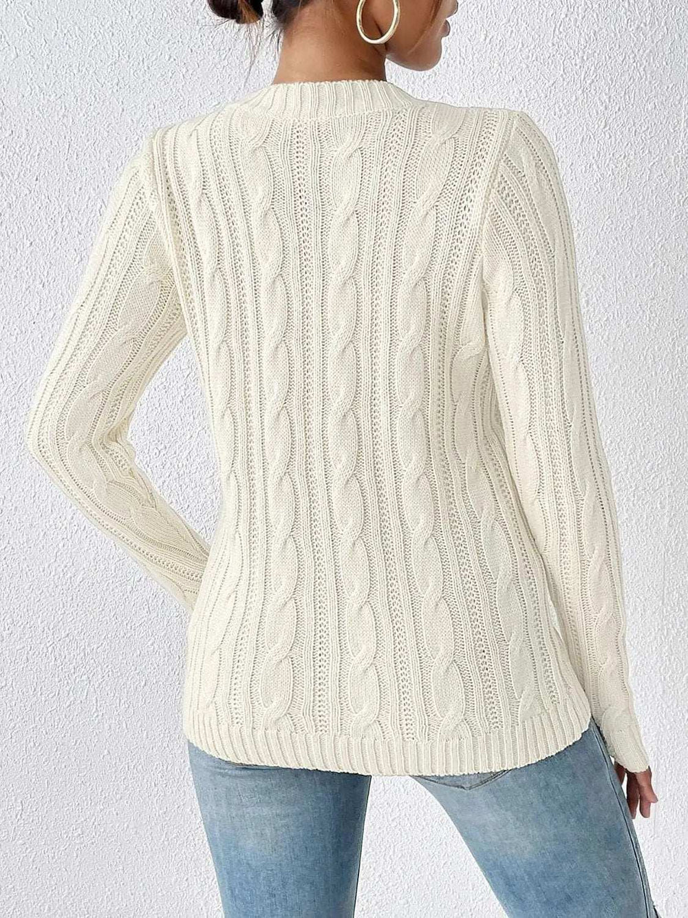 Cable-Knit Round Neck Long Sleeve Sweater - Trendsi - Flyclothing LLC