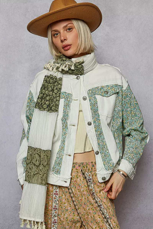 POL Button Down Patchwork Denim Jacket with Floral Print Details - Trendsi - Flyclothing LLC