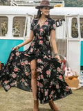 Split Printed V-Neck Short Sleeve Dress - Trendsi - Flyclothing LLC