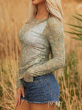 Floral Print Mesh Long Sleeve Top - Trendsi - Flyclothing LLC