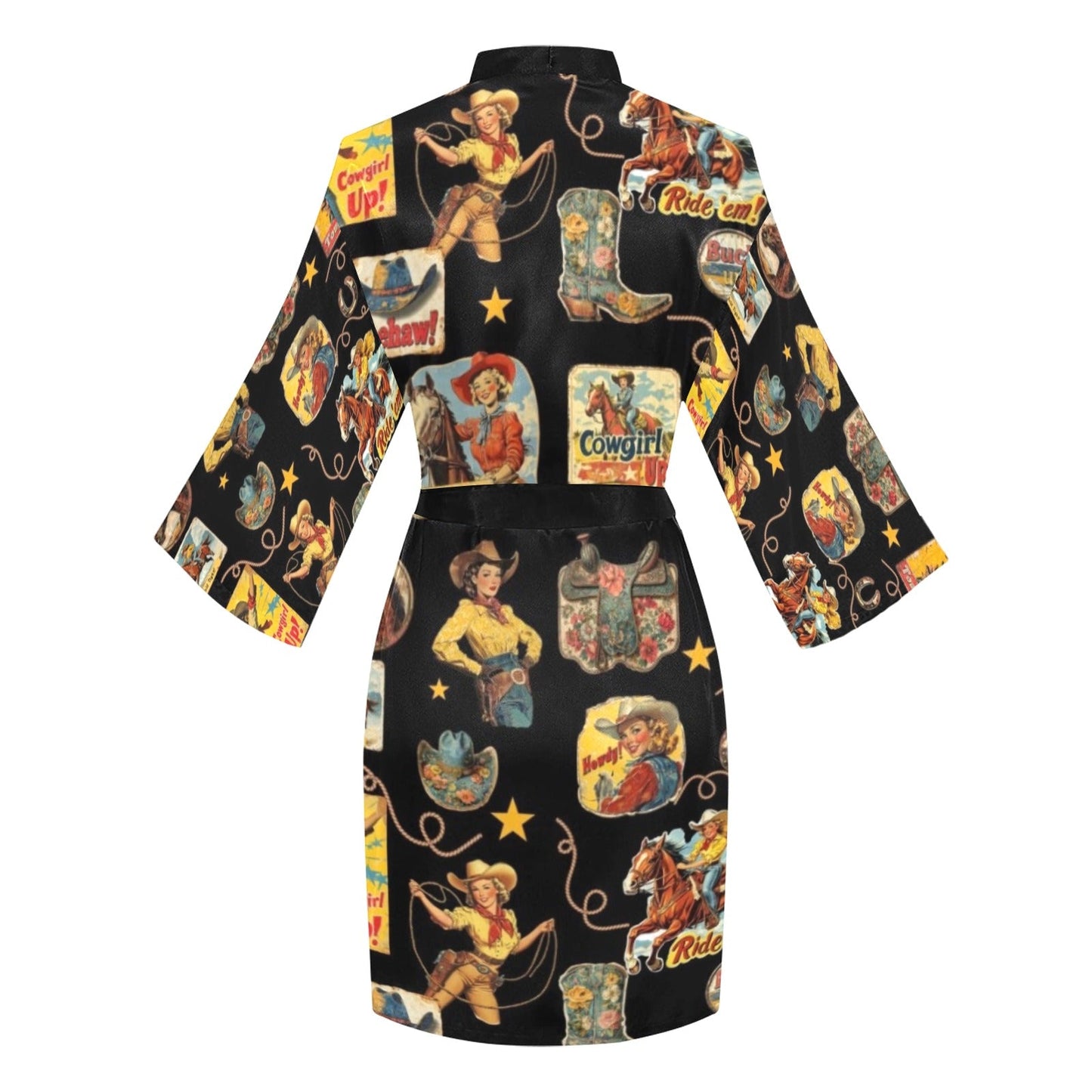 Baha Ranch Vintage Cowgirl Collage Satin Kimono Sleeve Robe