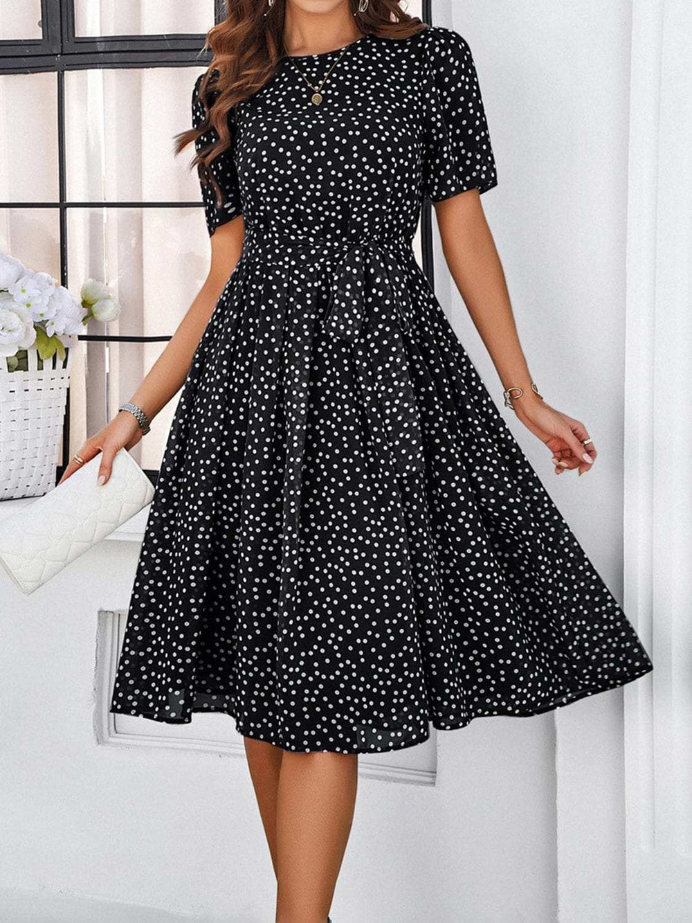 Printed Round Neck Short Sleeve Dress - Trendsi - Flyclothing LLC