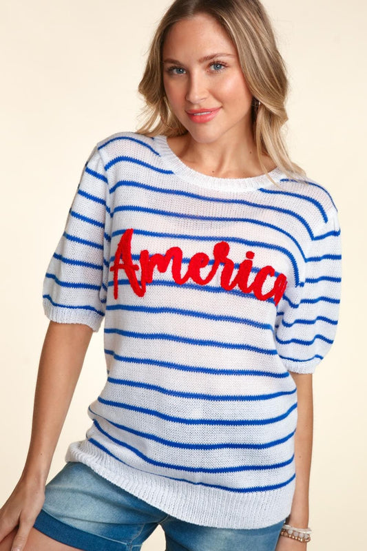Haptics Letter Embroidery Striped Knit Top - Trendsi