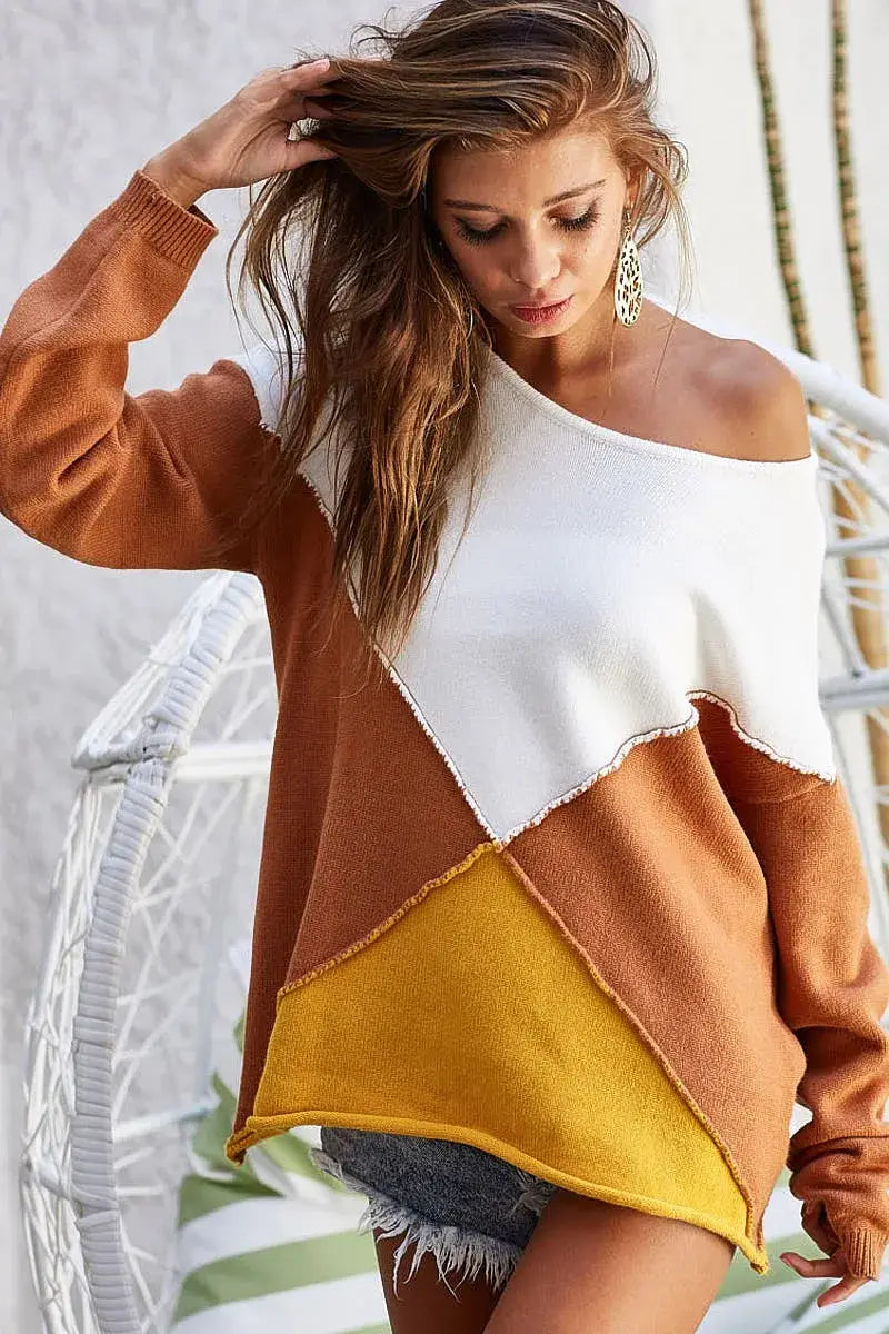 BiBi Color Block Geometric Sweater - Trendsi - Flyclothing LLC