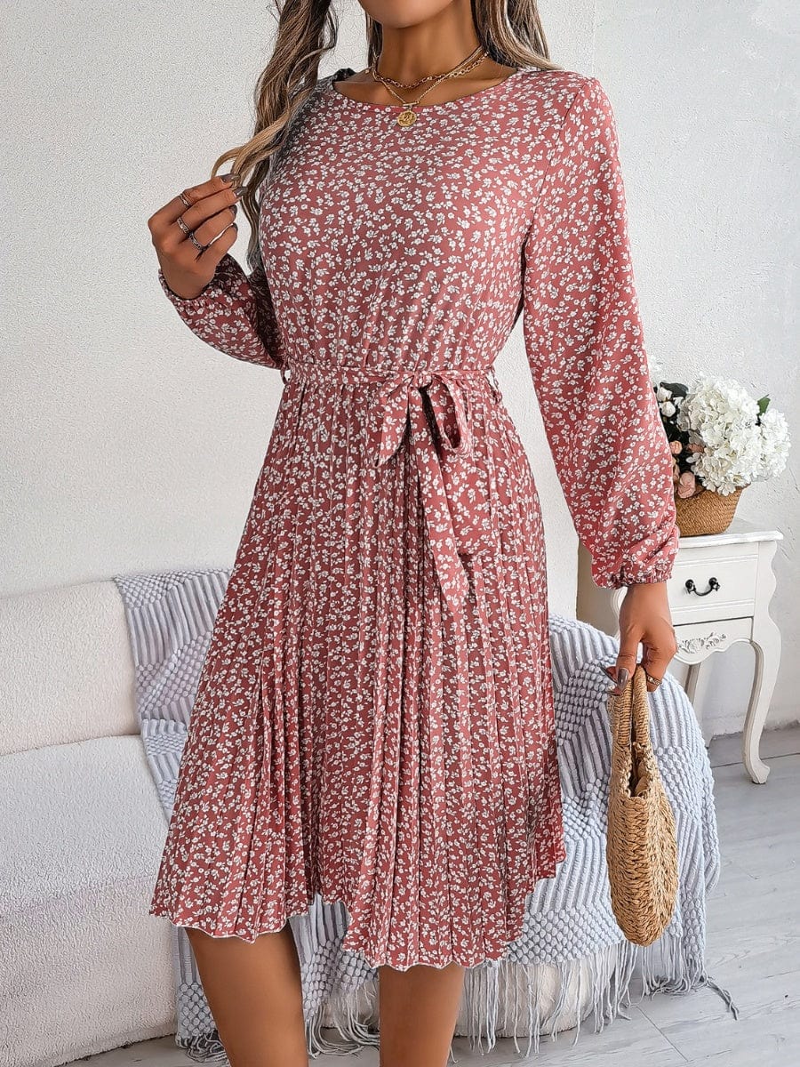 Ditsy Floral Tie Waist Pleated Dress - Trendsi