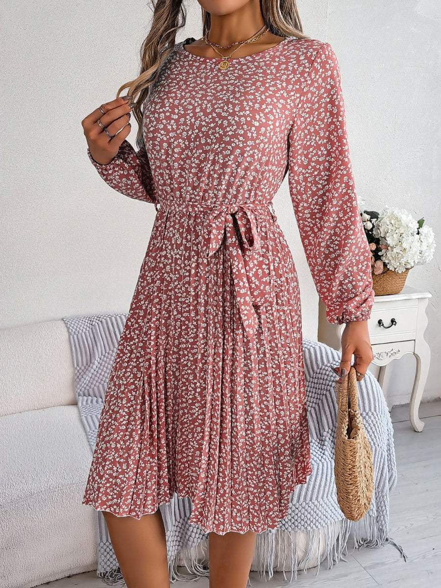 Ditsy Floral Tie Waist Pleated Dress - Trendsi - Flyclothing LLC