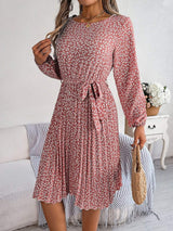 Ditsy Floral Tie Waist Pleated Dress - Trendsi - Flyclothing LLC