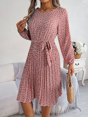 Ditsy Floral Tie Waist Pleated Dress - Trendsi