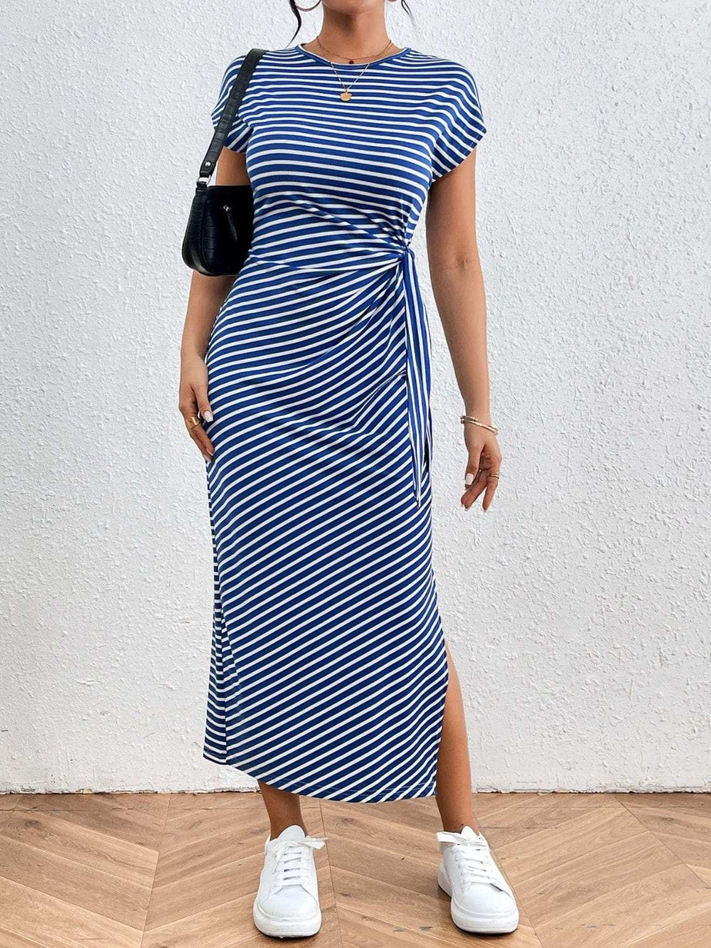 Tied Striped Round Neck Short Sleeve Tee Dress - Trendsi - Flyclothing LLC