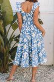 Floral Flutter Shoulder Tiered Flowy Midi Dress - Trendsi