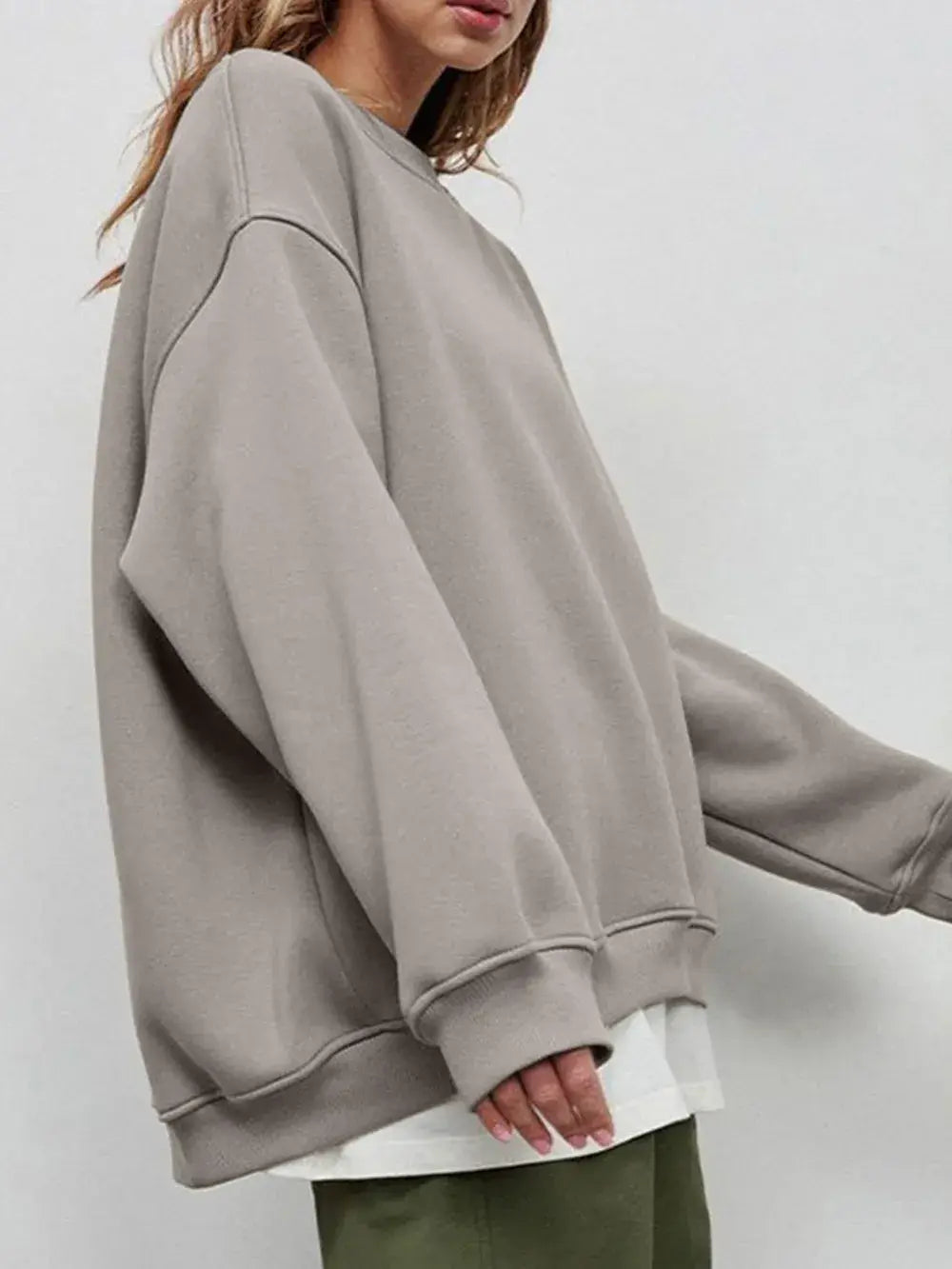 Round Neck Dropped Shoulder Long Sleeve Sweatshirt - Trendsi - Flyclothing LLC