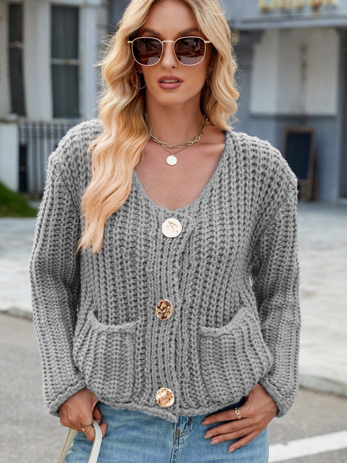 Round Neck Button Up Cardigan with Pockets - Trendsi - Flyclothing LLC