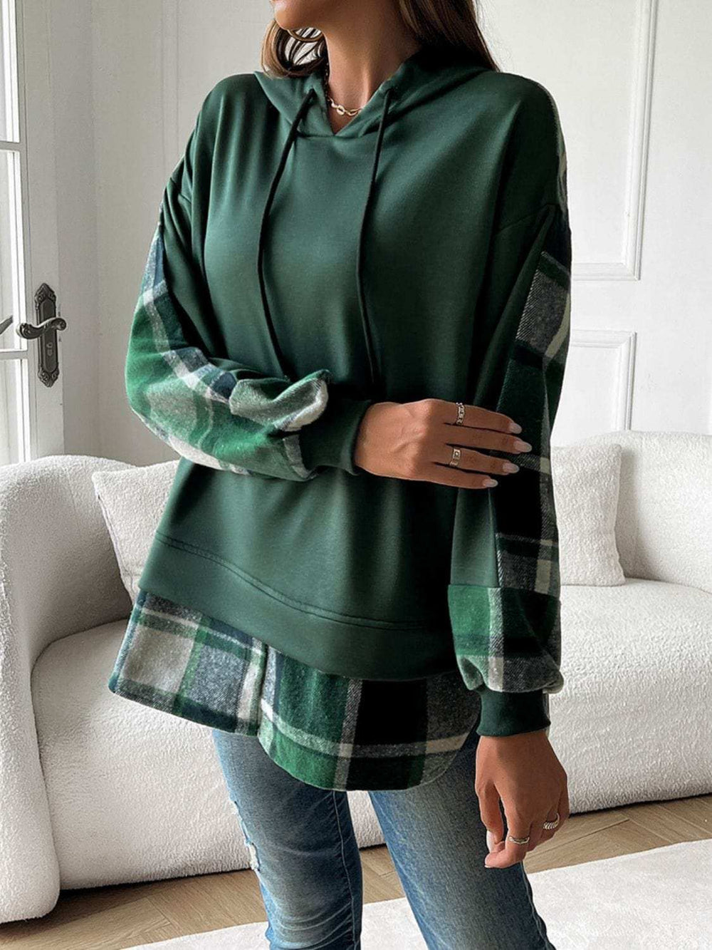 Devine Drawstring Plaid Long Sleeve Hoodie - Trendsi - Flyclothing LLC