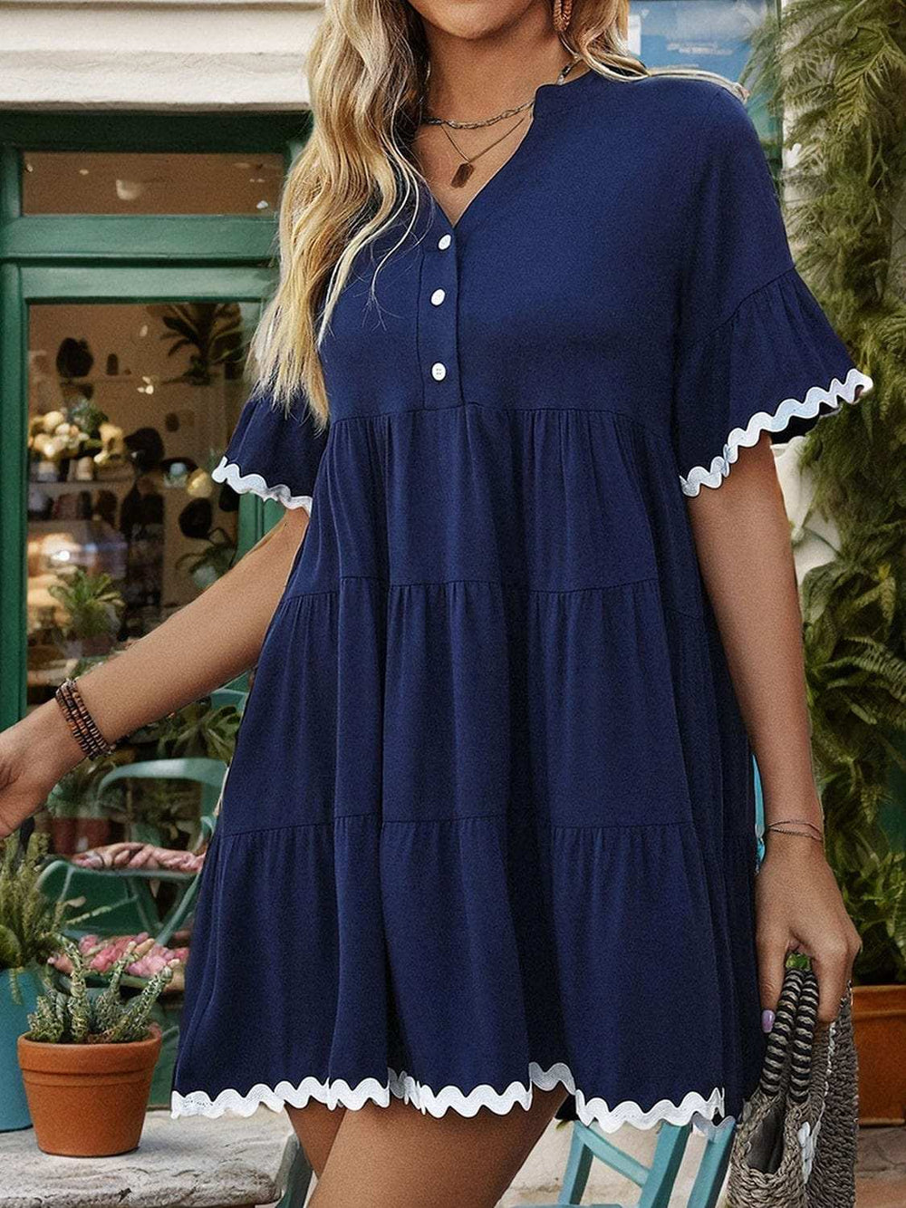 Contrast Trim Notched Short Sleeve Mini Dress - Trendsi - Flyclothing LLC