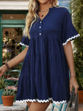 Contrast Trim Notched Short Sleeve Mini Dress - Trendsi - Flyclothing LLC