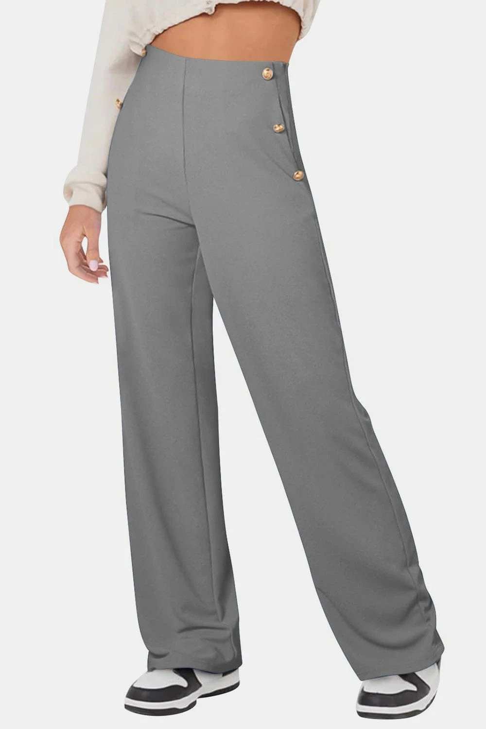 Decorative Button High Rise Pants - Trendsi - Flyclothing LLC