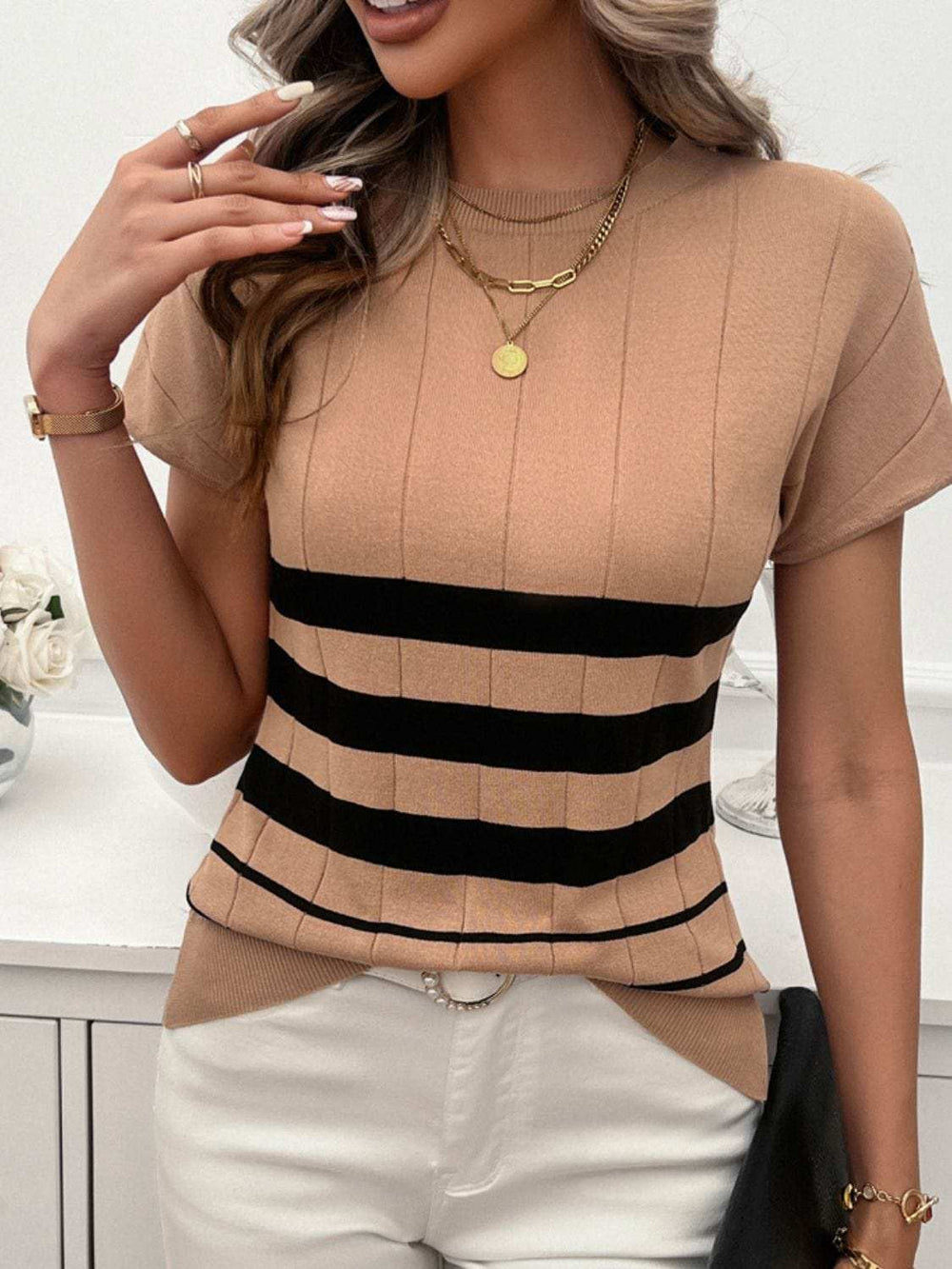 Striped Round Neck Short Sleeve Knit Top - Trendsi - Flyclothing LLC