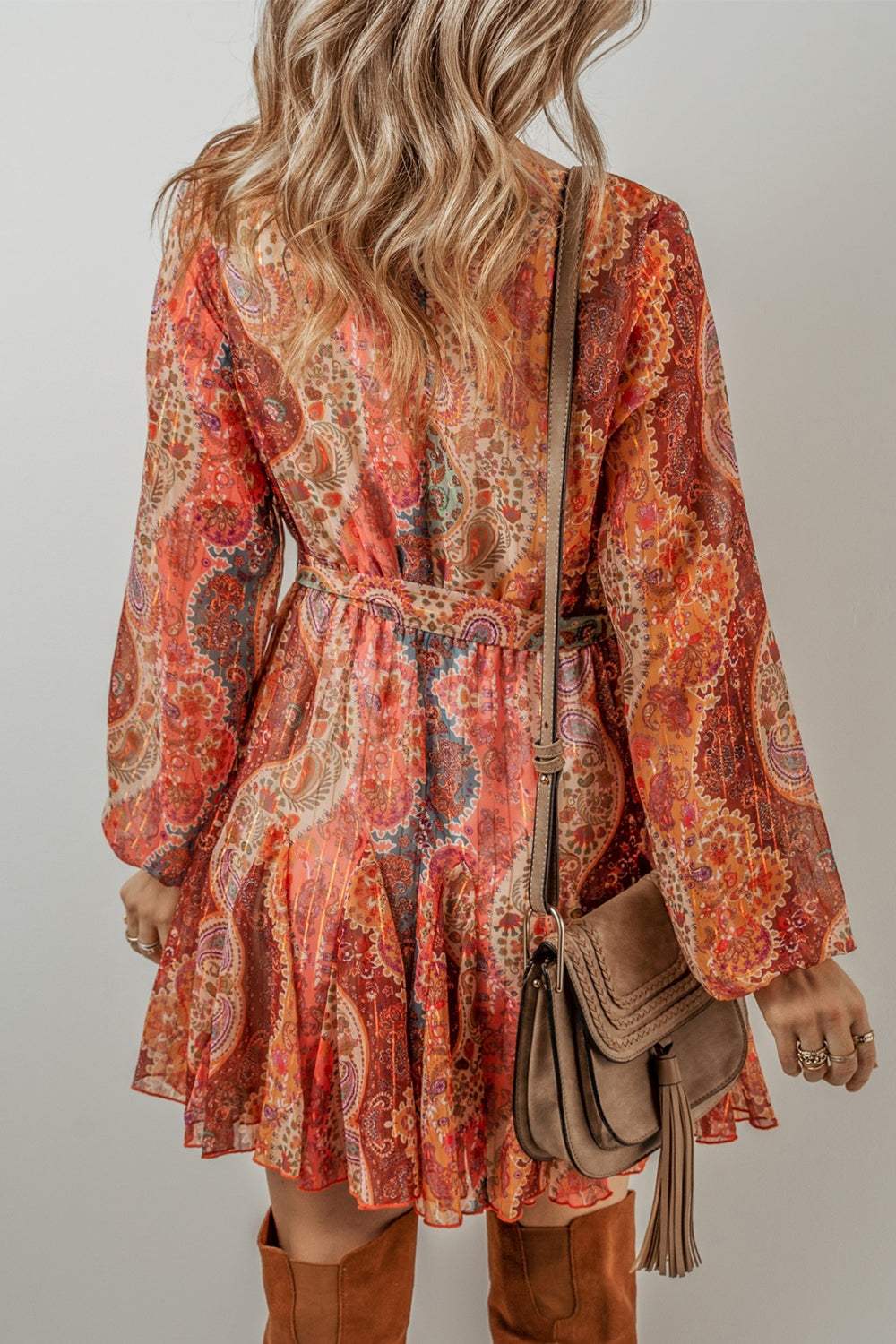 Tied Printed Balloon Sleeve Mini Dress - Trendsi - Flyclothing LLC