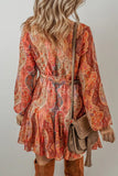 Tied Printed Balloon Sleeve Mini Dress - Trendsi