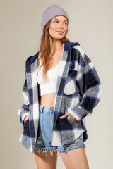 Drawstring Plaid Dropped Shoulder Hooded Shacket - Trendsi
