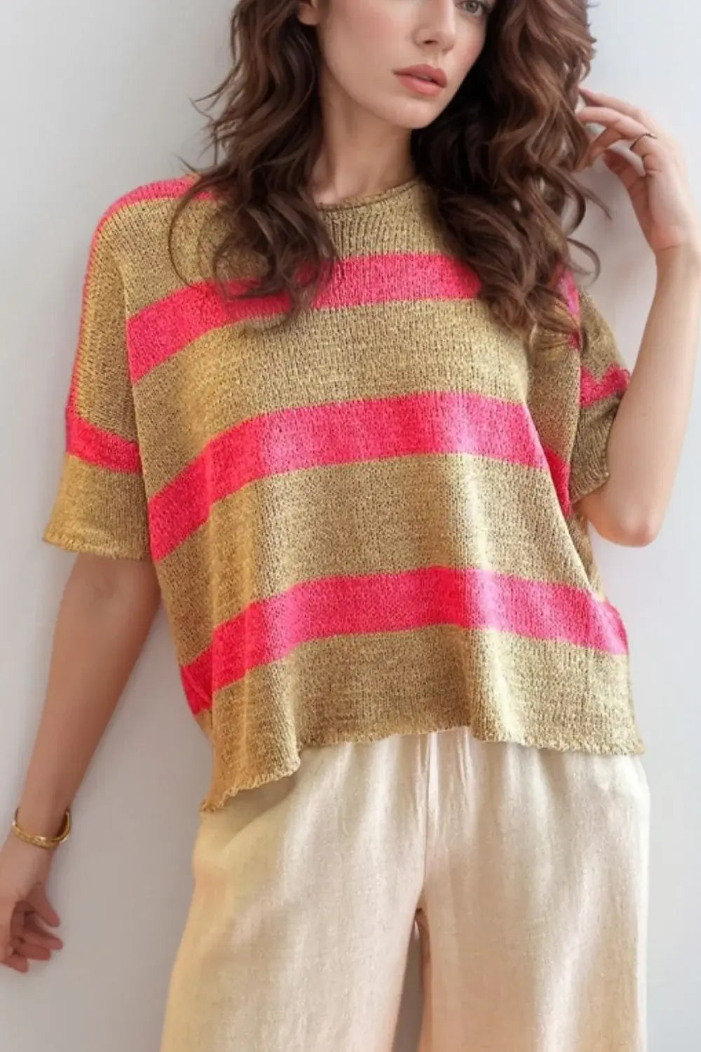 Contrast Striped Crew Neck Lightweight Knit Top - Trendsi - Flyclothing LLC
