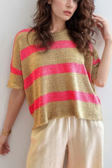 Contrast Striped Crew Neck Lightweight Knit Top - Trendsi - Flyclothing LLC