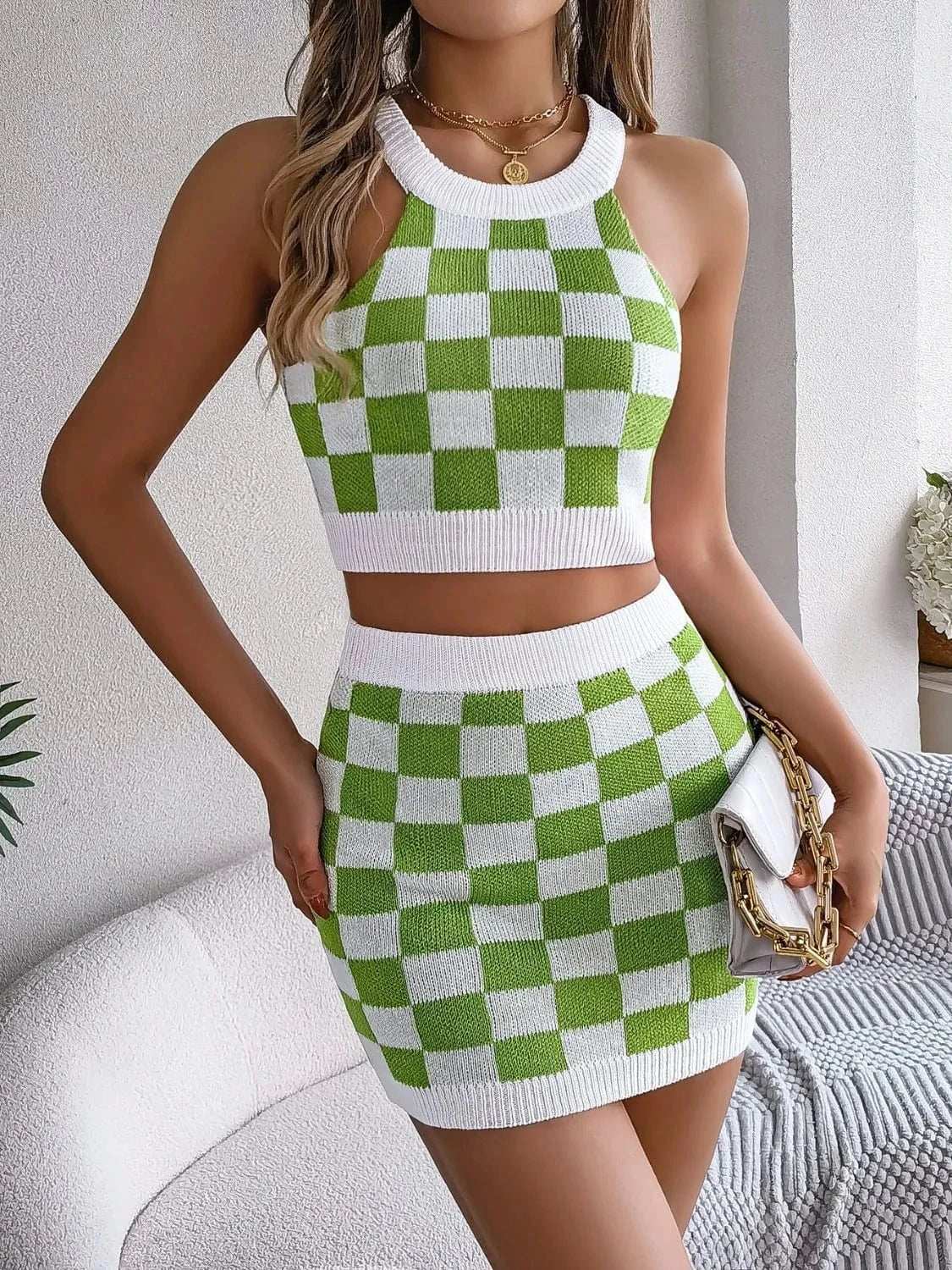 Checkered Grecian Neck Cami and Skirt Sweater Set - Trendsi - Flyclothing LLC