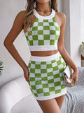 Checkered Grecian Neck Cami and Skirt Sweater Set - Trendsi
