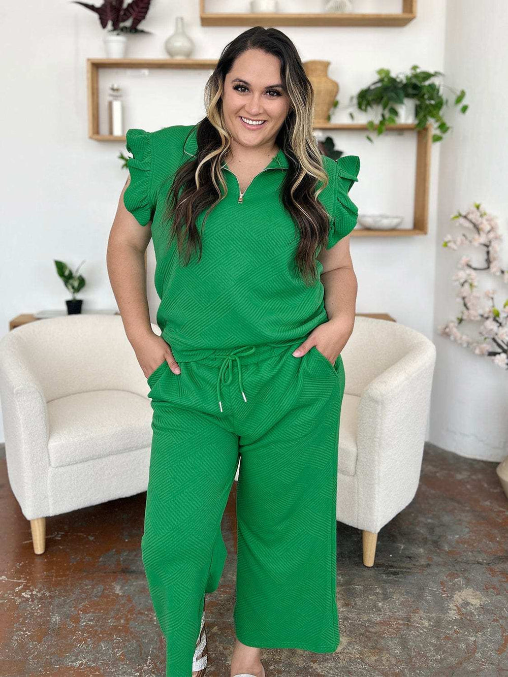 Double Take Texture Ruffle Short Sleeve Top and Drawstring Wide Leg Pants Set - Trendsi - Flyclothing LLC