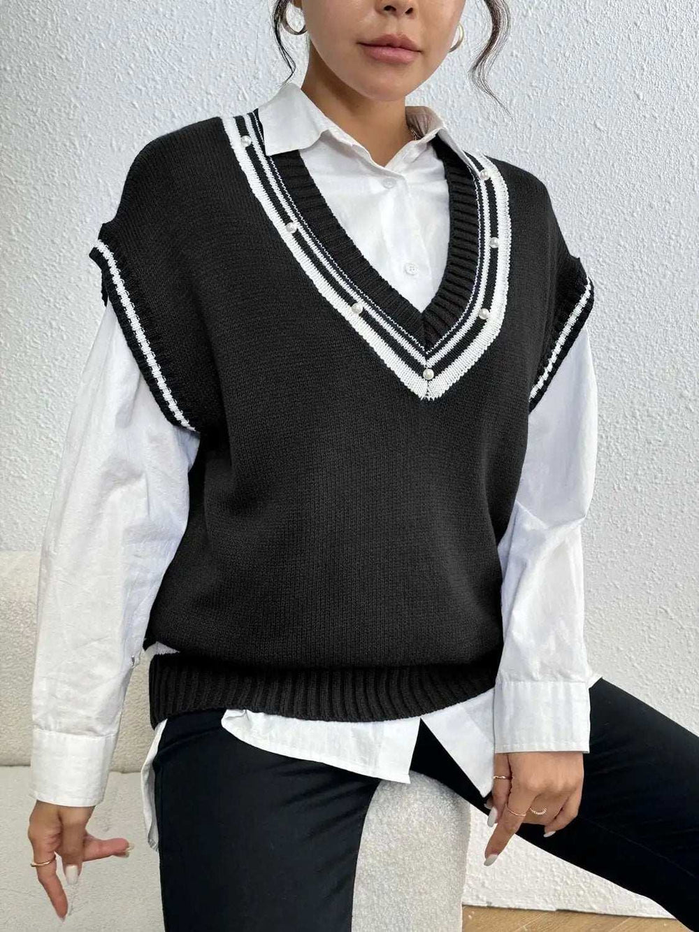 Pearl Trim Contrast V-Neck Sweater Vest - Trendsi - Flyclothing LLC