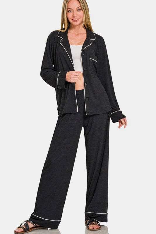 Zenana Button Down Long Sleeve Top and Pants Lounge Set - Trendsi - Flyclothing LLC