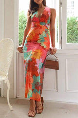 Split Crisscross Back Printed Plunge Maxi Dress - Trendsi - Flyclothing LLC