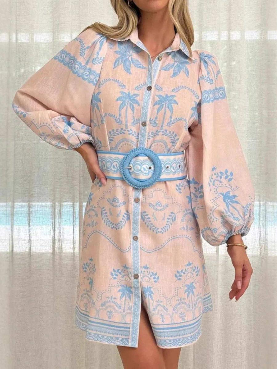 Printed Button Down Shirt Dress with Belt - Trendsi