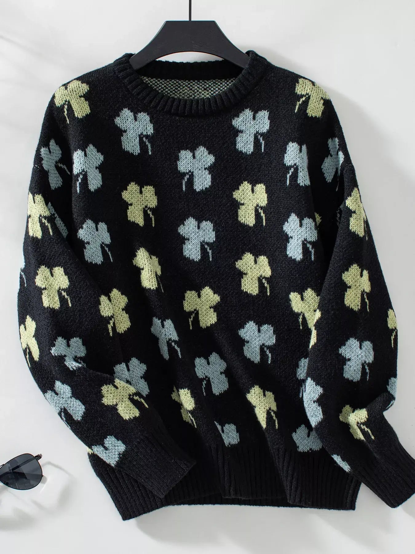 Clover Round Neck Long Sleeve Sweater - Trendsi - Flyclothing LLC