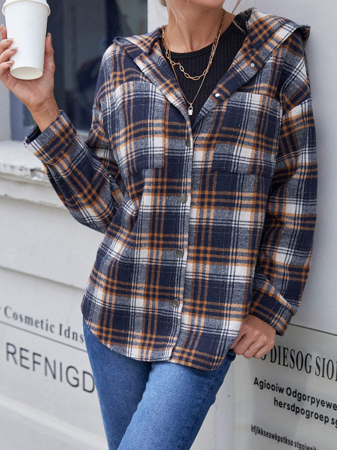 Plaid Button Up Long Sleeve Hooded Jacket - Trendsi - Flyclothing LLC