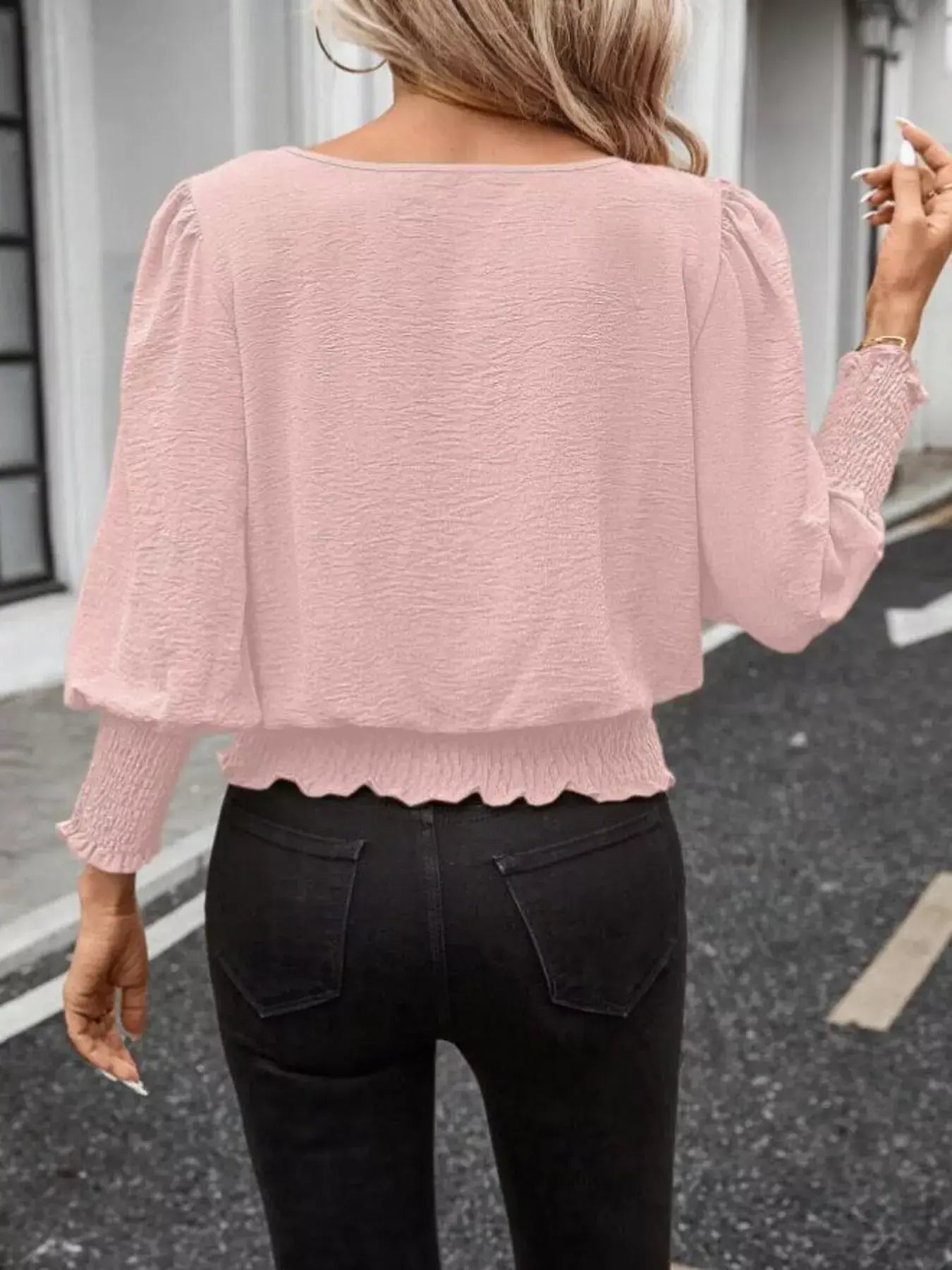 Smocked Waist Round Neck Blouse - Trendsi - Flyclothing LLC